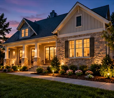 Exterior of a single-story house at dusk with warm light in the windows