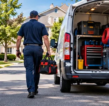 HVAC technician carrying a tool bag toward a service van