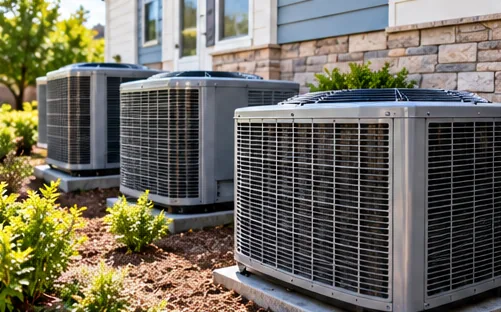 Two outdoor air conditioning condenser units on a pad beside a house