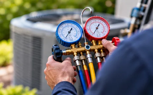 Technician holding a refrigerant gauge manifold beside an outdoor air conditioning unit