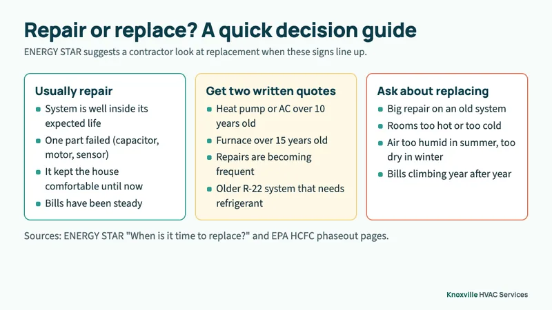 Decision guide with three columns: usually repair, get two written quotes, and ask about replacing, with signs listed under each