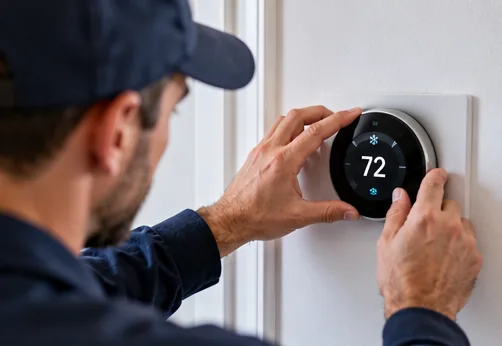 Technician adjusting a wall-mounted smart thermostat in a home