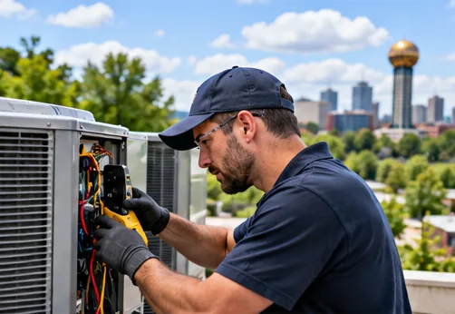 HVAC technician checking an outdoor condenser unit with a city skyline in the background
