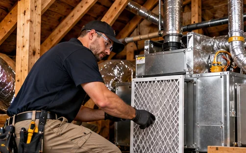 Technician working on an air handler in a home attic